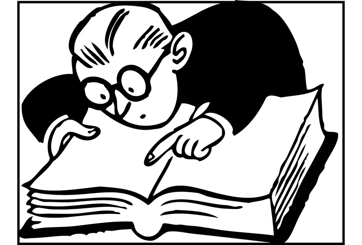 image (4) Man intensely reading a large open book.