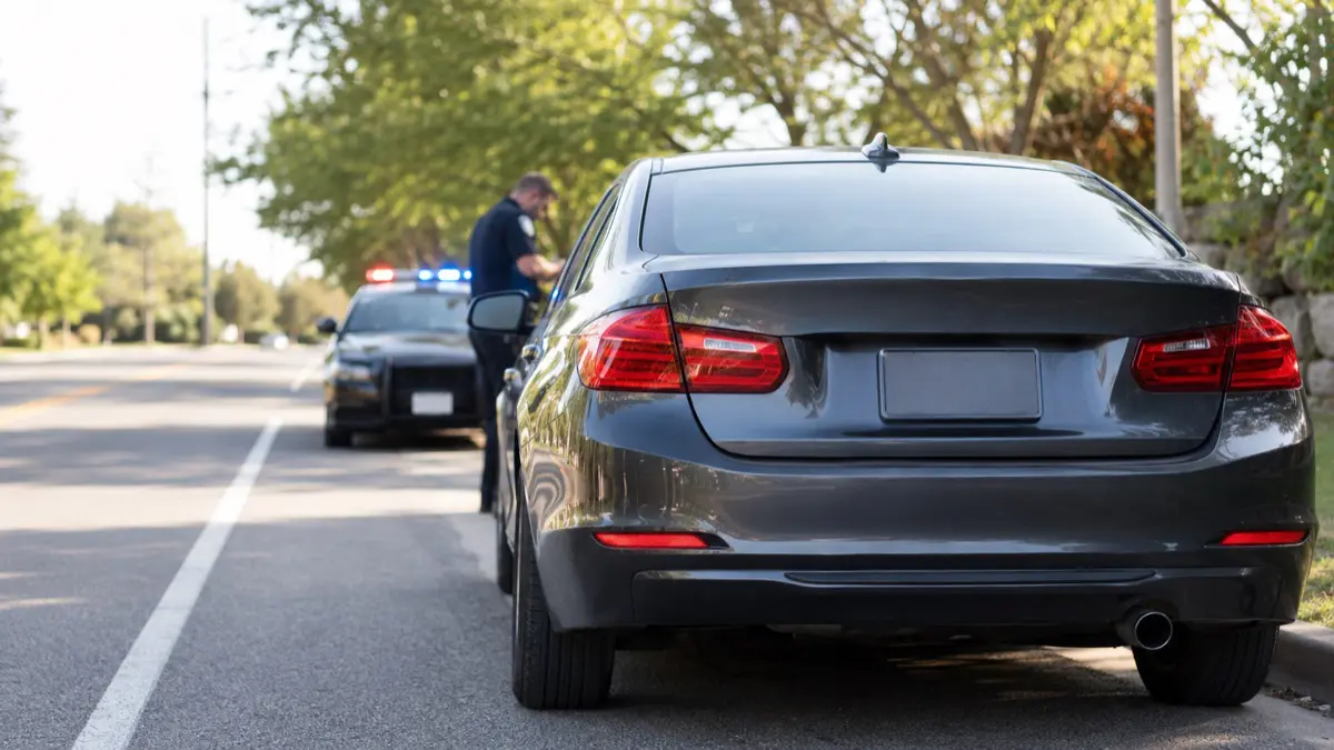 Illinois police officer conducting a traffic stop on a car with no visible rear license plate