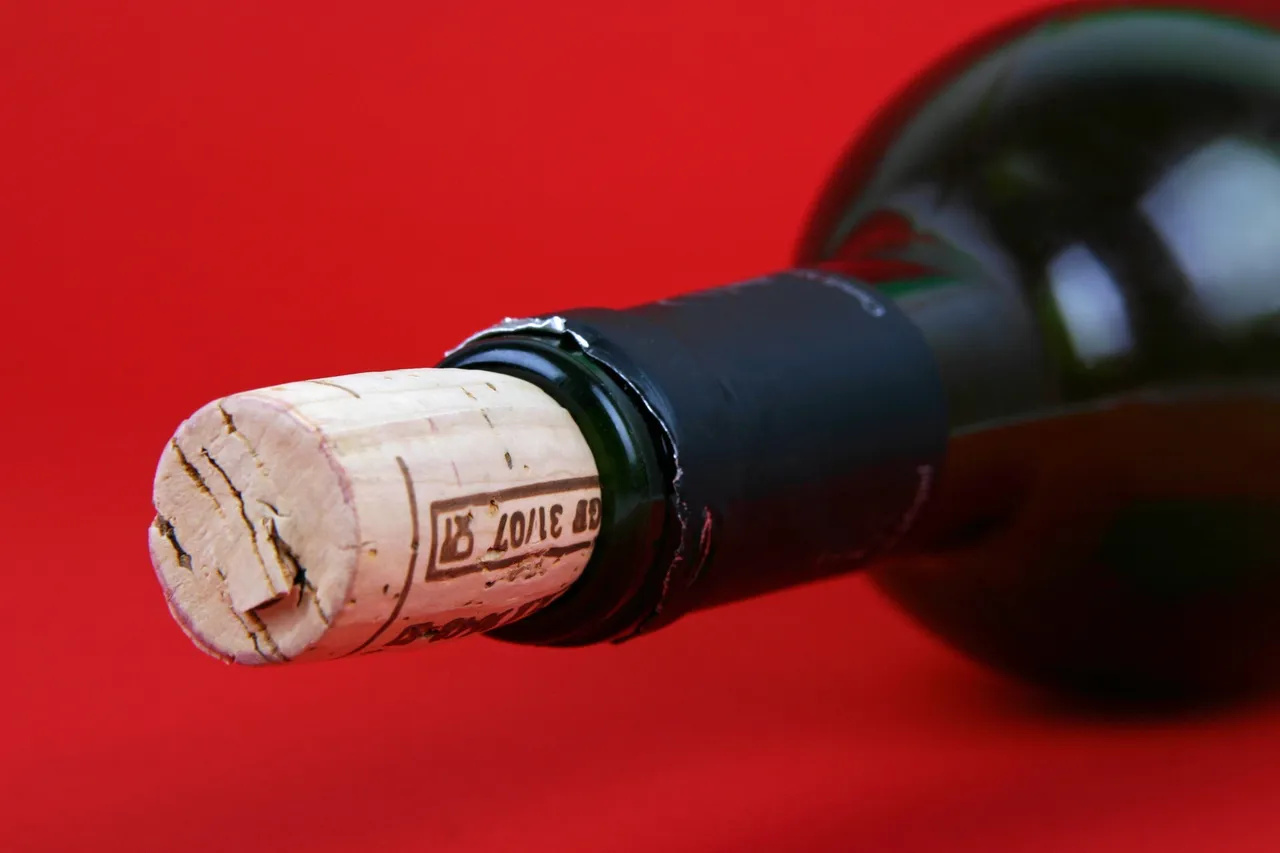 Close-up of a wine bottle with cork partially inserted on a red background.