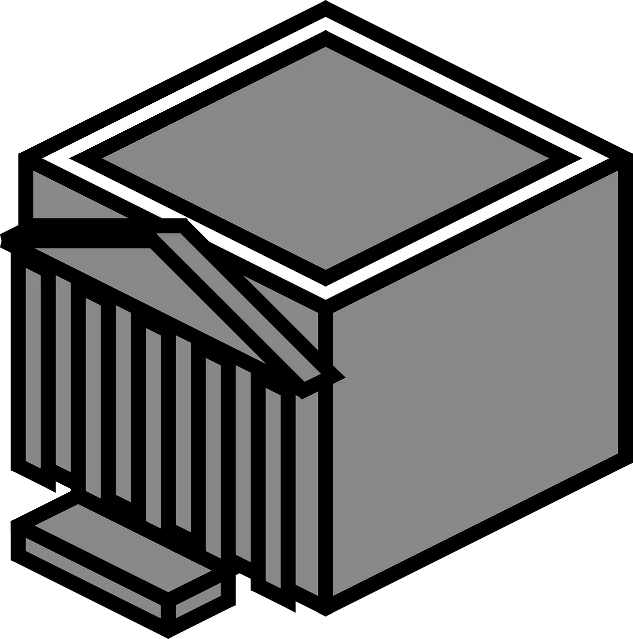A gray, rectangular, industrial container with a corrugated side and a small platform.