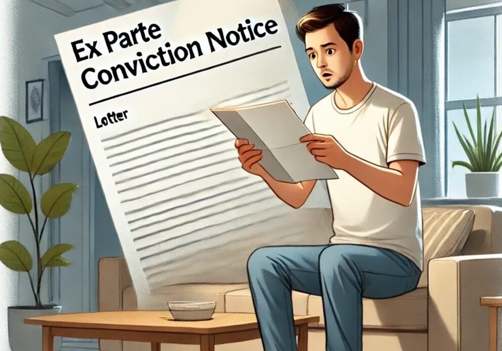 Man reading ex parte conviction notice letter.
