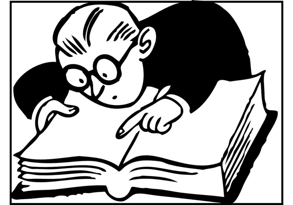 image (4) Man intensely reading a large open book.