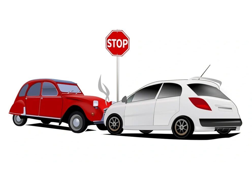 Red and white cars in a collision.