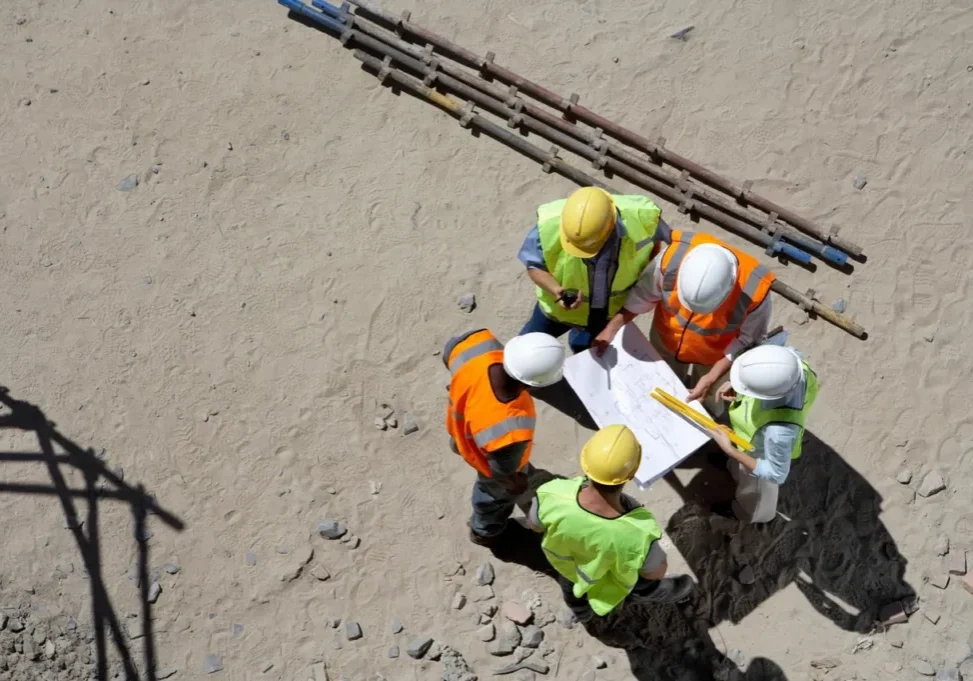 Four construction workers reviewing plans at a site.