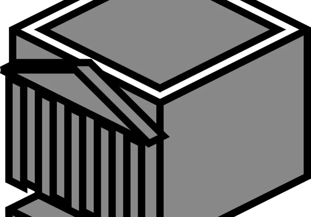 A gray, rectangular, industrial container with a corrugated side and a small platform.